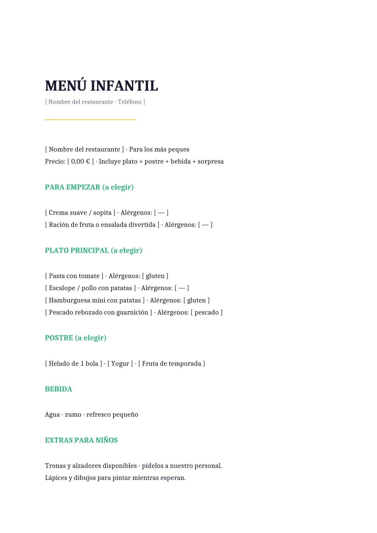 Plantilla Menú infantil para restaurante