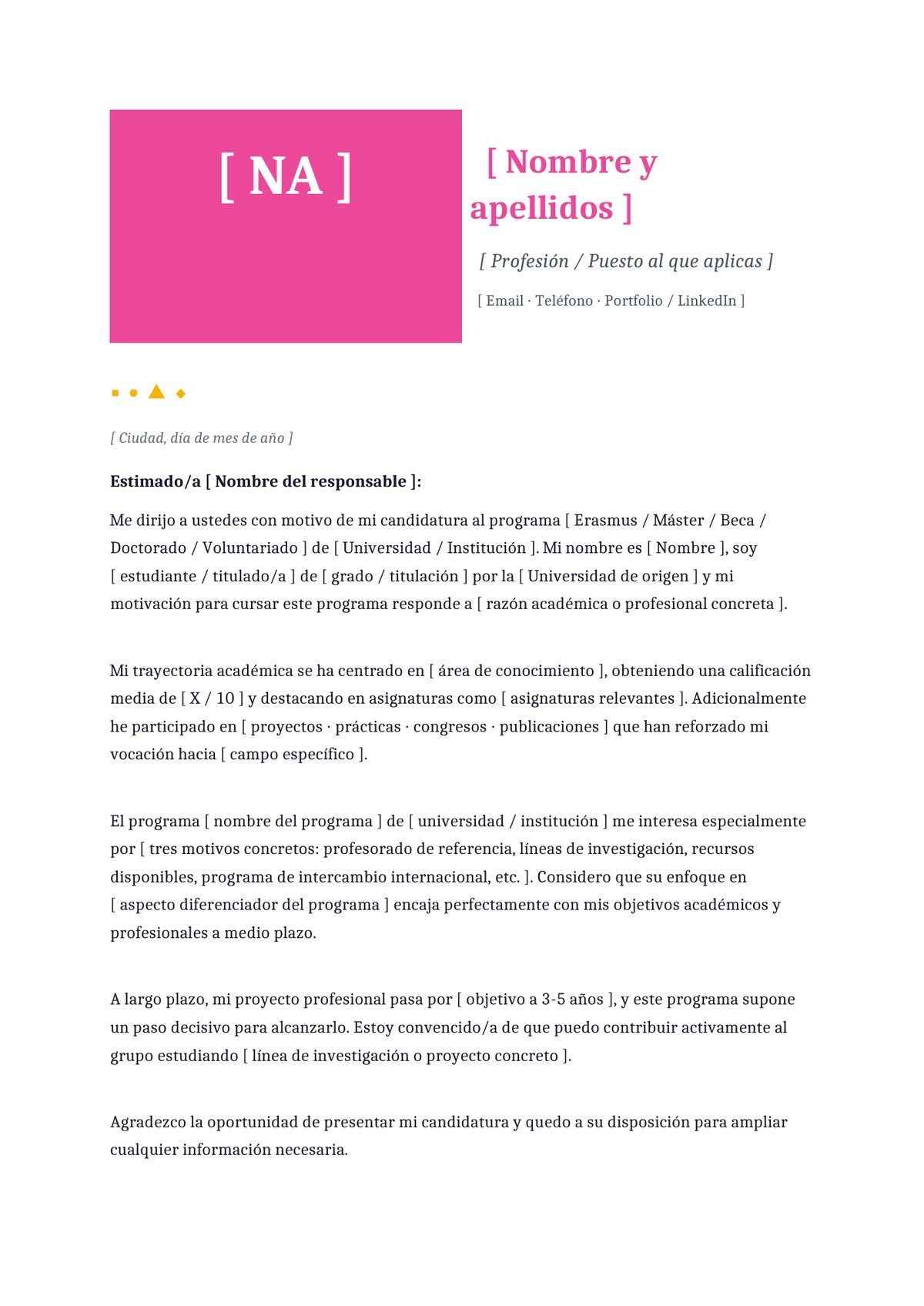 Plantilla Carta de motivación para beca
