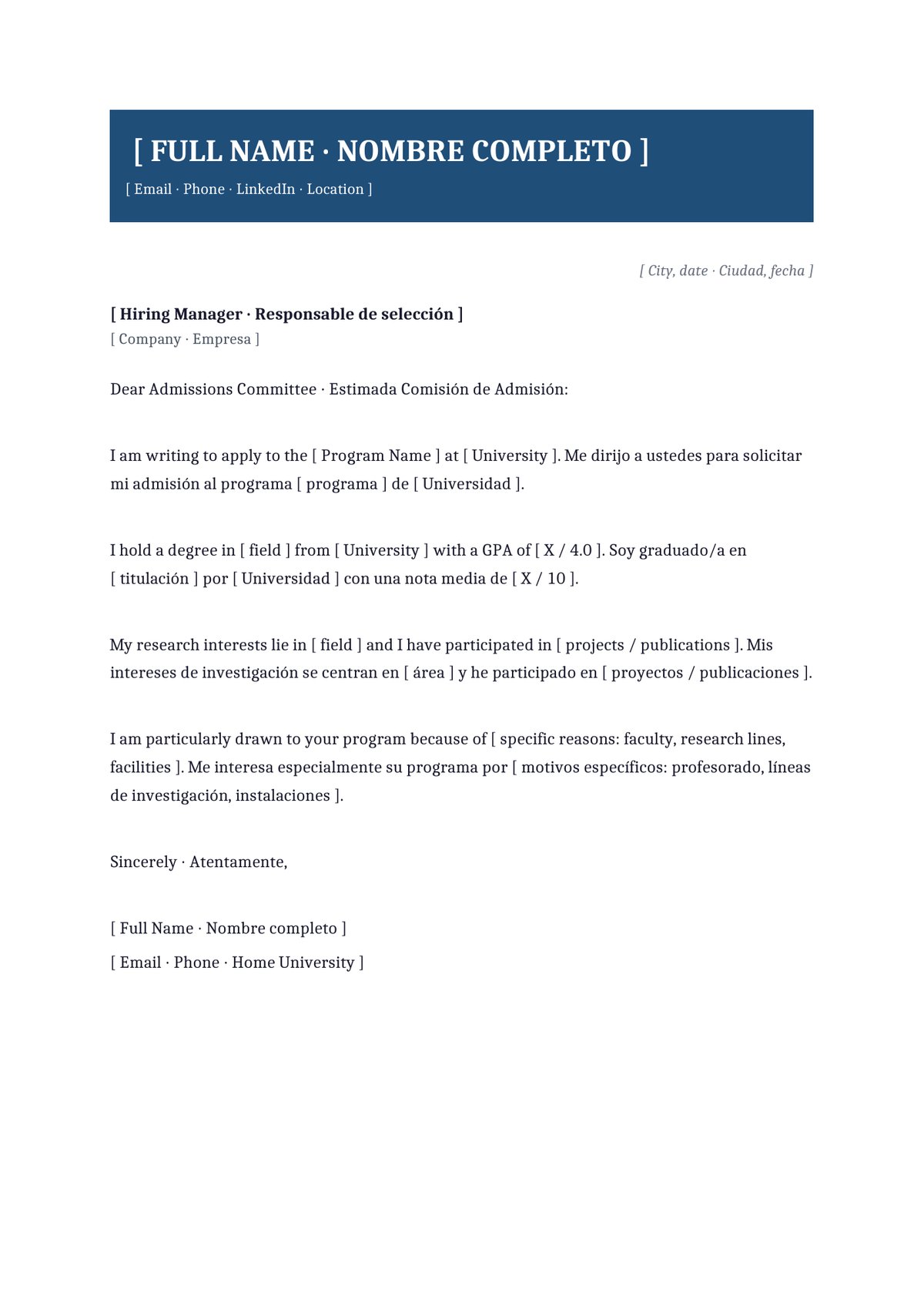 Plantilla Carta de motivación bilingüe (ES + EN)
