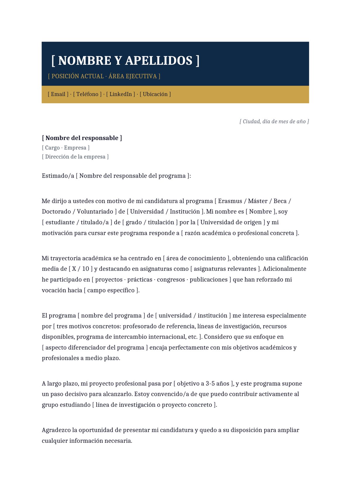 Plantilla Carta de motivación doctorado / PhD