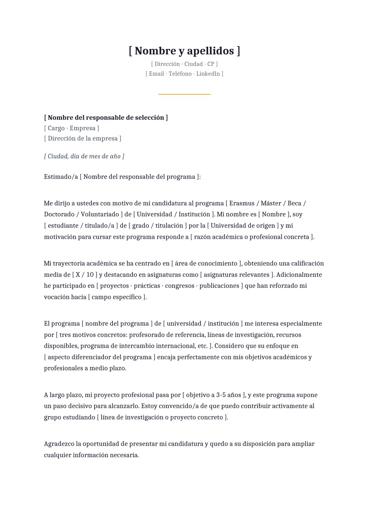 Plantilla Carta de motivación Erasmus