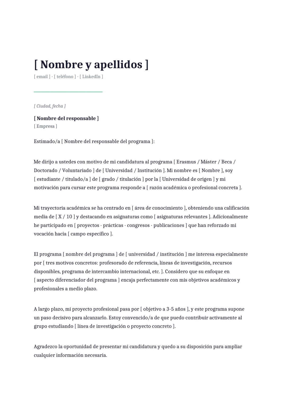 Plantilla Carta de motivación voluntariado internacional