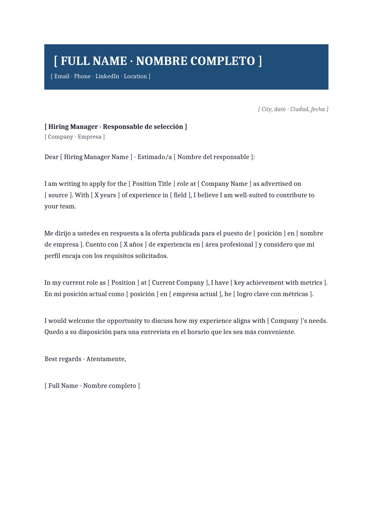 Plantilla Carta de presentación bilingüe (español + inglés)