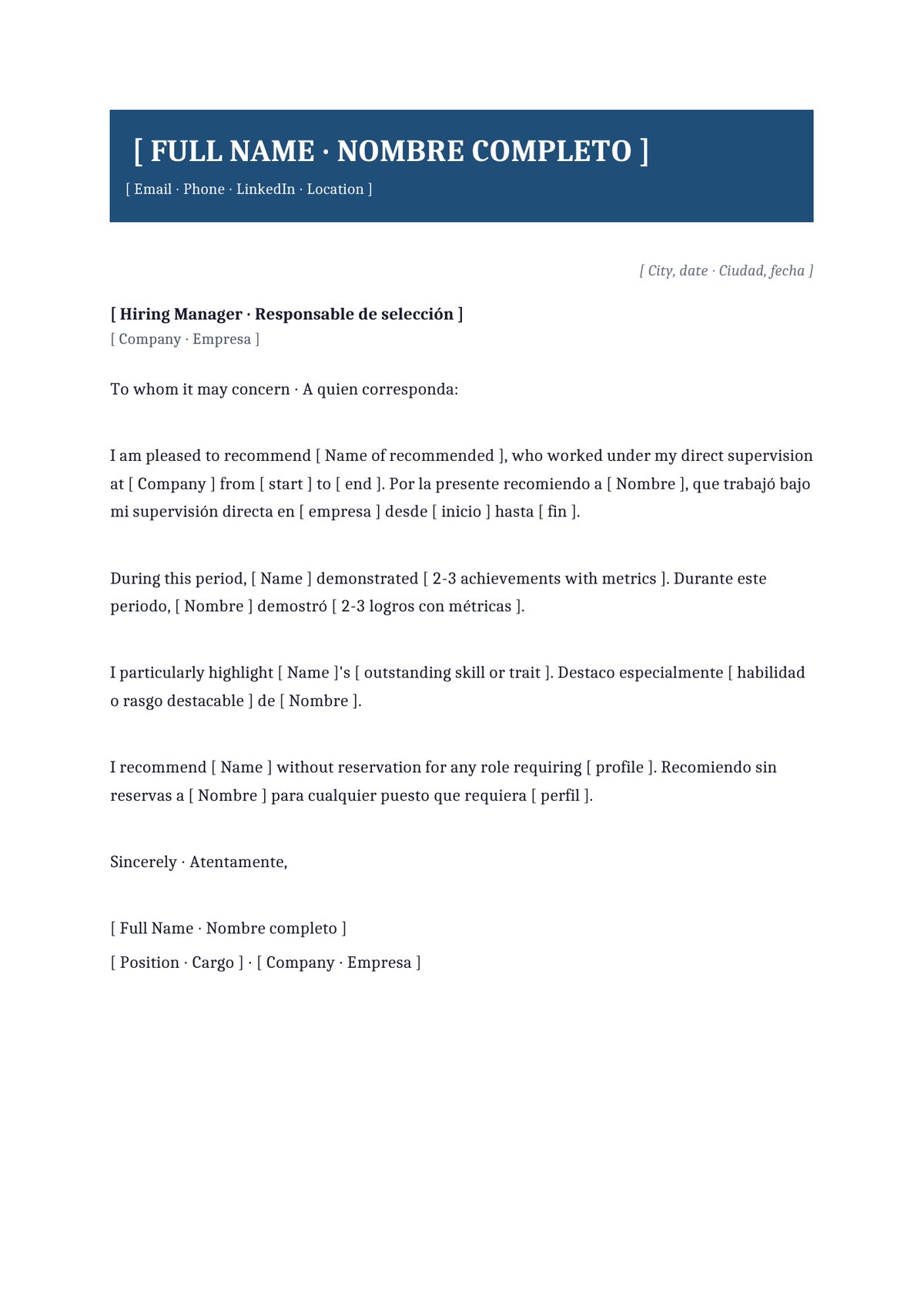 Plantilla Carta de recomendación bilingüe (ES+EN)