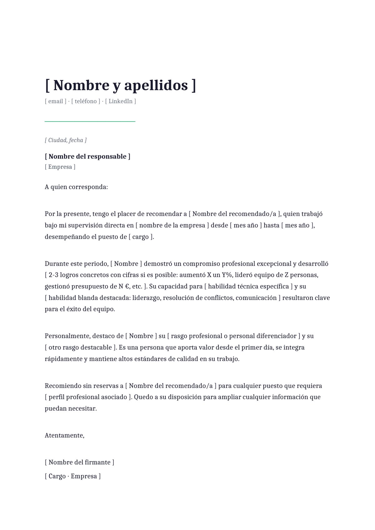Plantilla Carta de recomendación breve