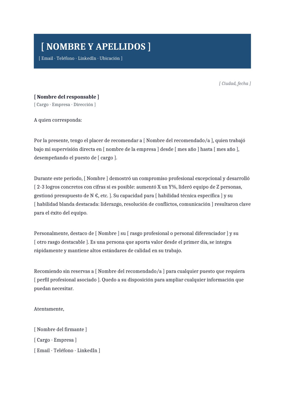 Plantilla Carta de recomendación ejecutiva