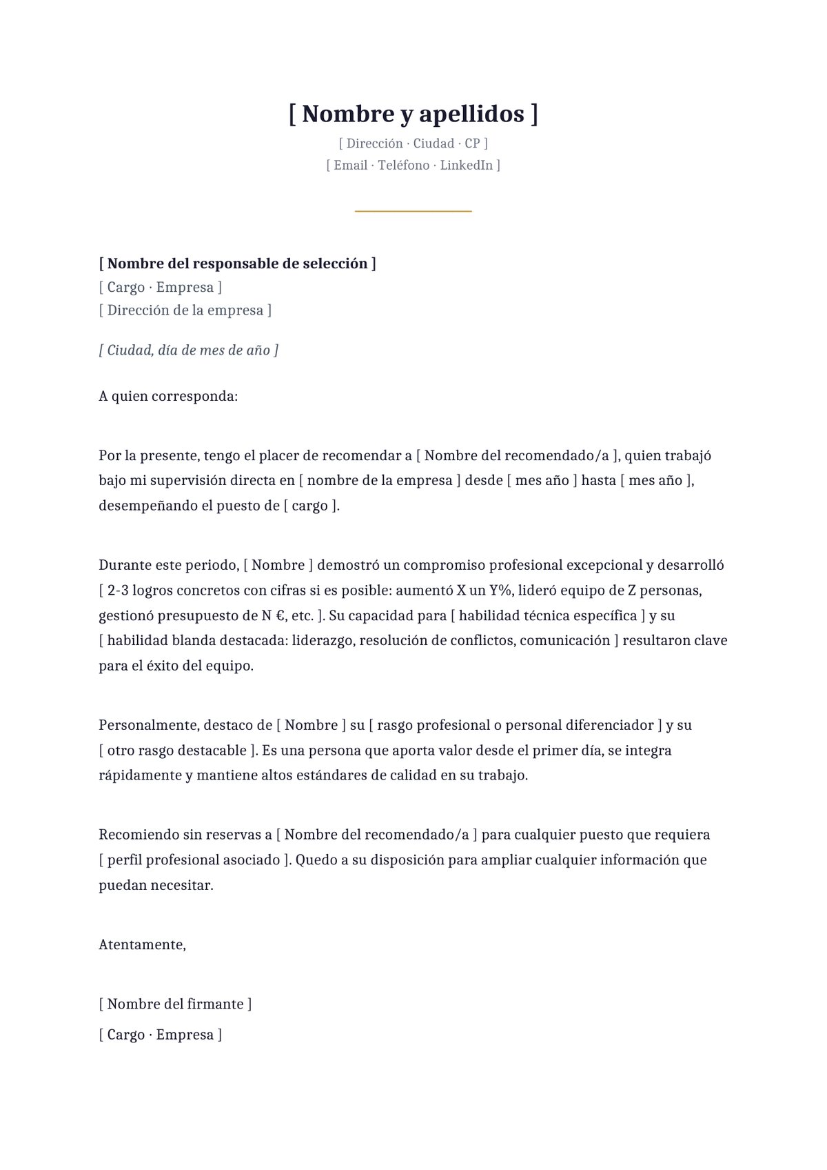 Plantilla Carta de recomendación formal corporativa