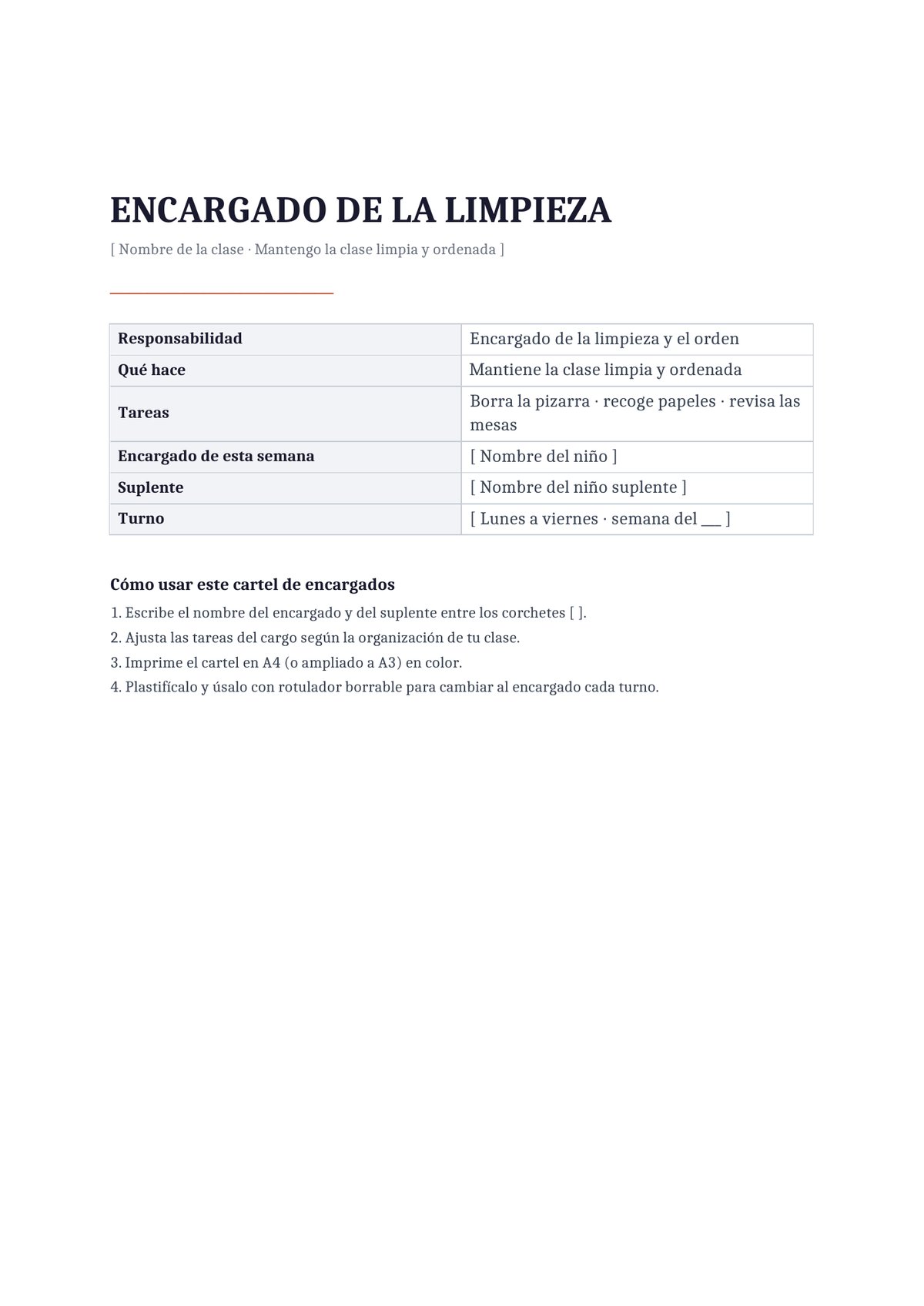 Plantilla Cartel del encargado de la limpieza