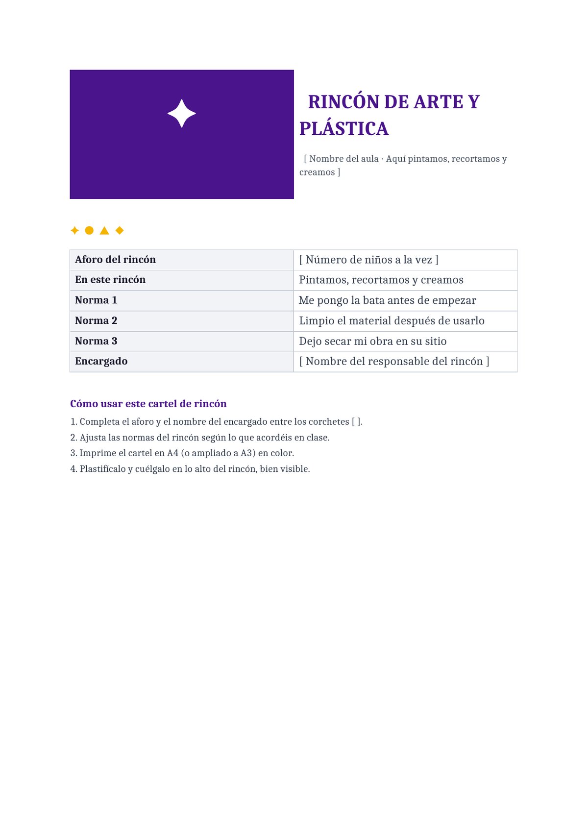 Plantilla Cartel del rincón de arte y plástica