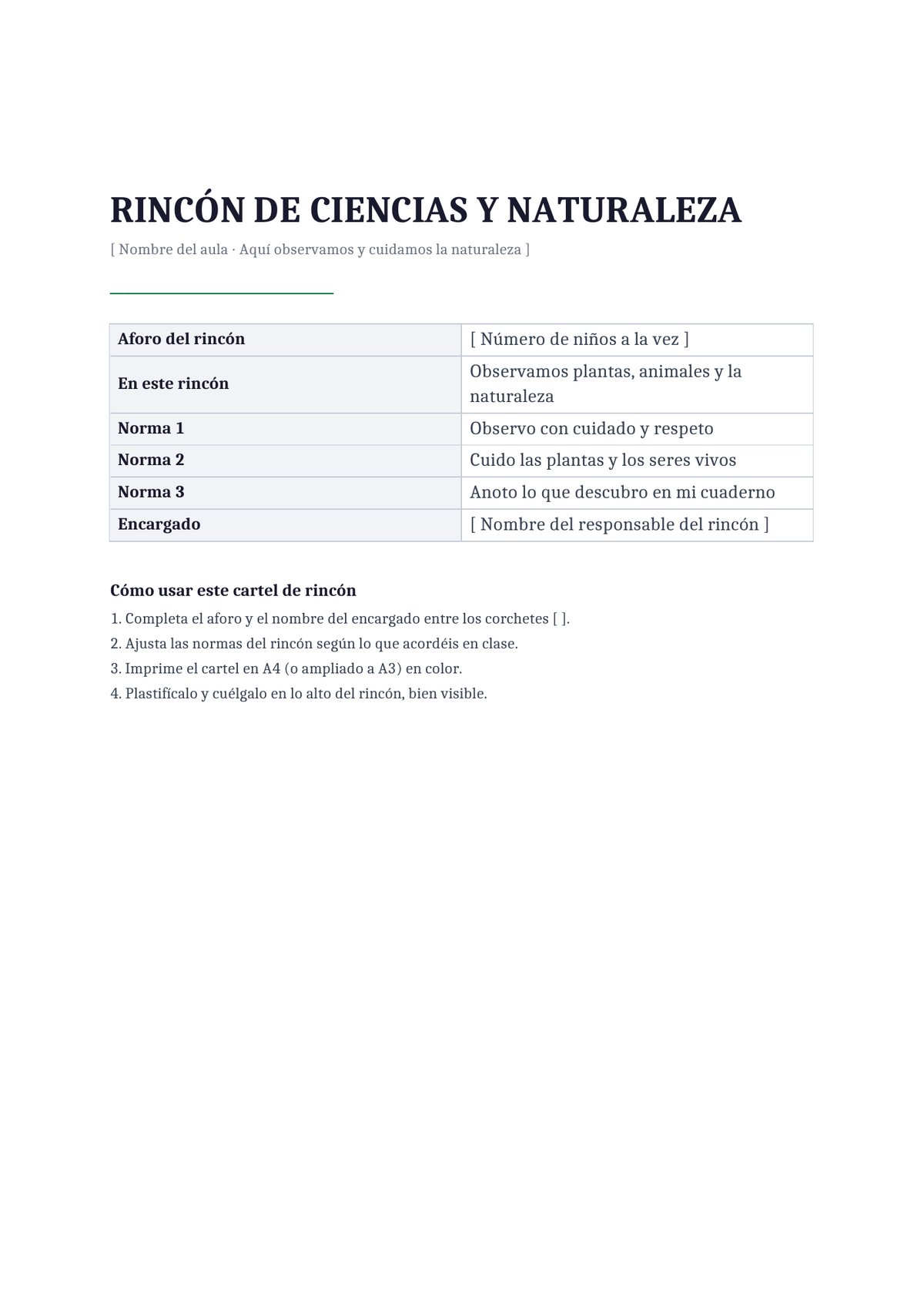 Plantilla Cartel del rincón de ciencias y naturaleza