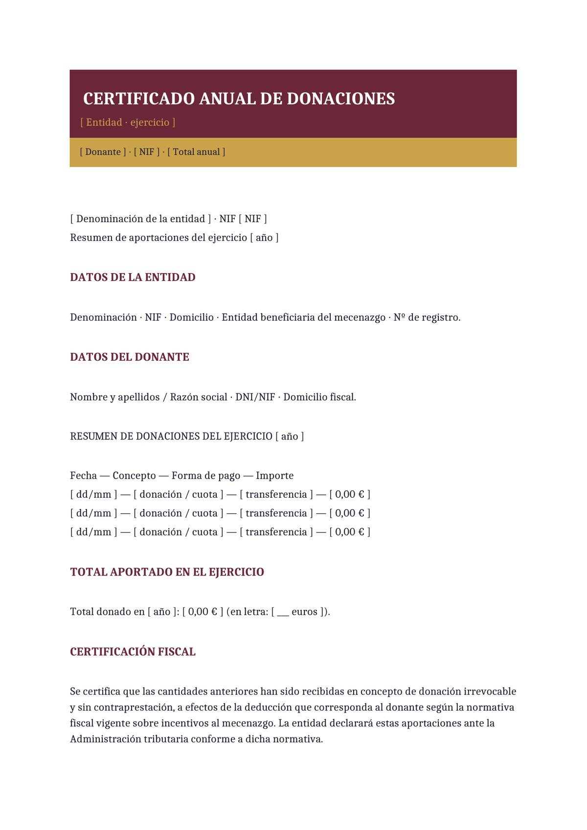 Plantilla Certificado anual de donaciones
