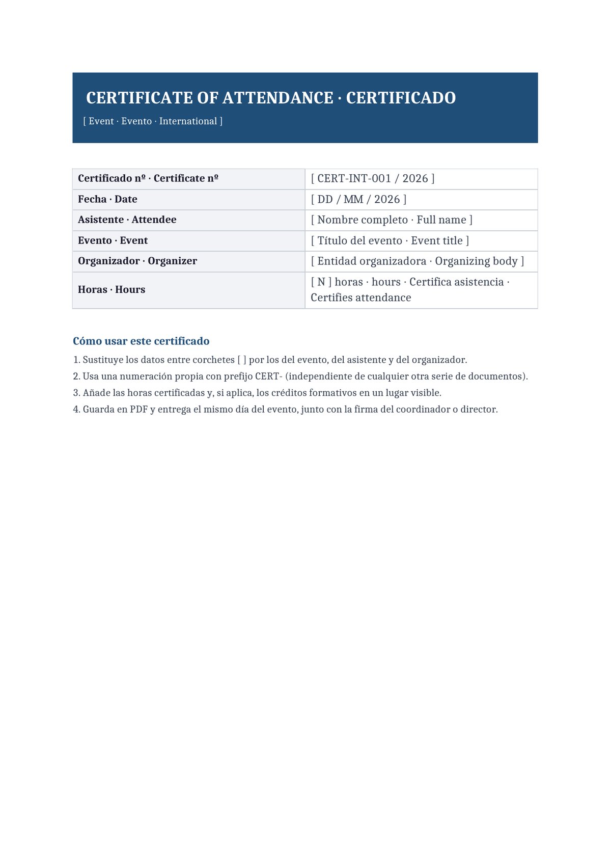 Plantilla Certificado de asistencia bilingüe español e inglés