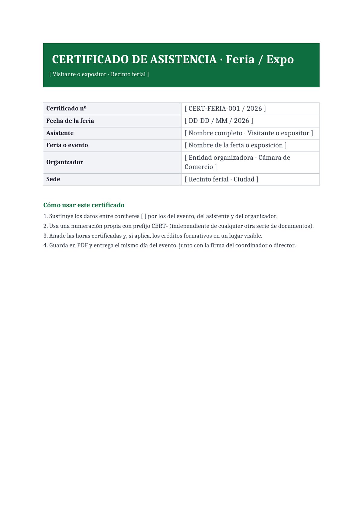Plantilla Certificado de asistencia a feria comercial
