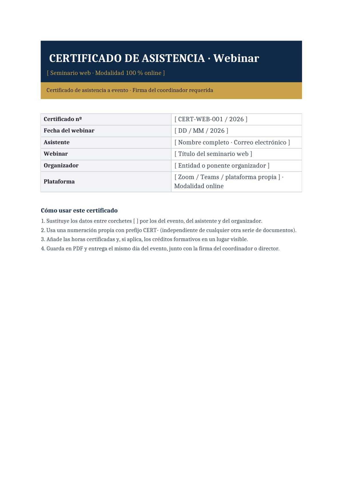 Plantilla Certificado de asistencia a webinar