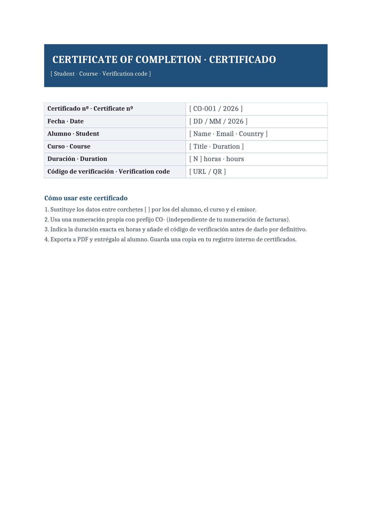 Plantilla Certificado de curso online bilingüe español + inglés