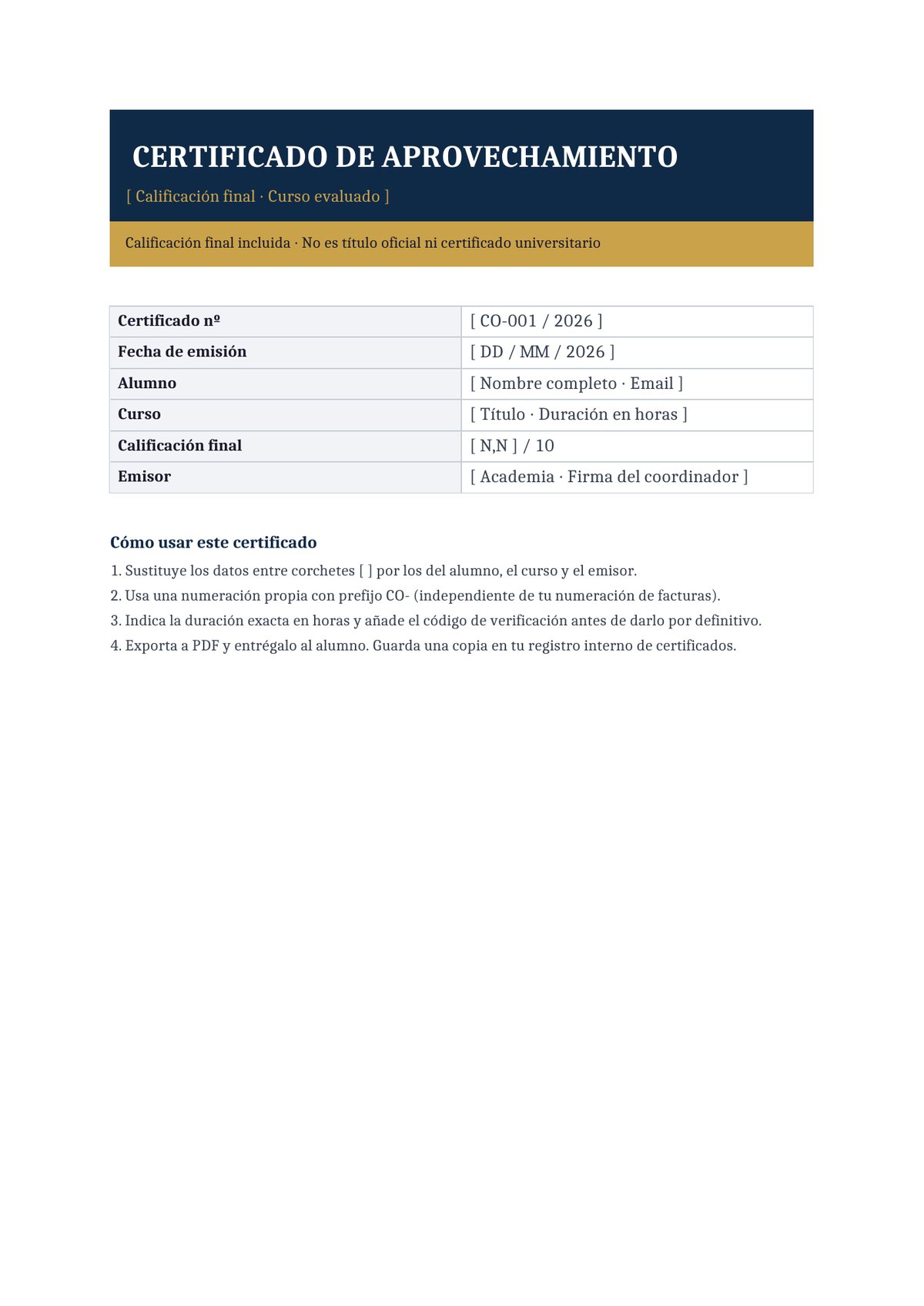 Plantilla Certificado de curso online con calificación numérica
