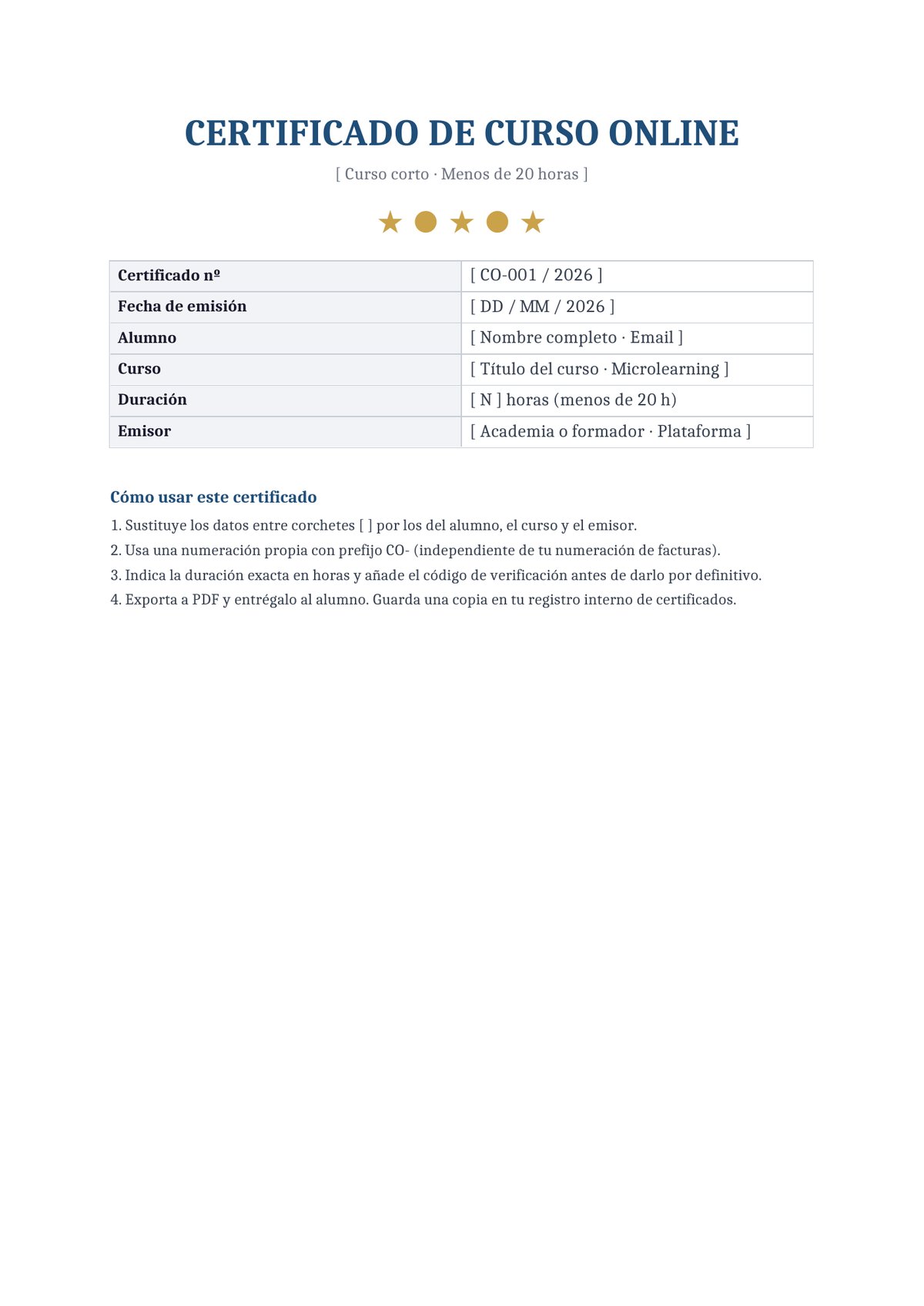 Plantilla Certificado de curso corto online (menos de 20 horas)