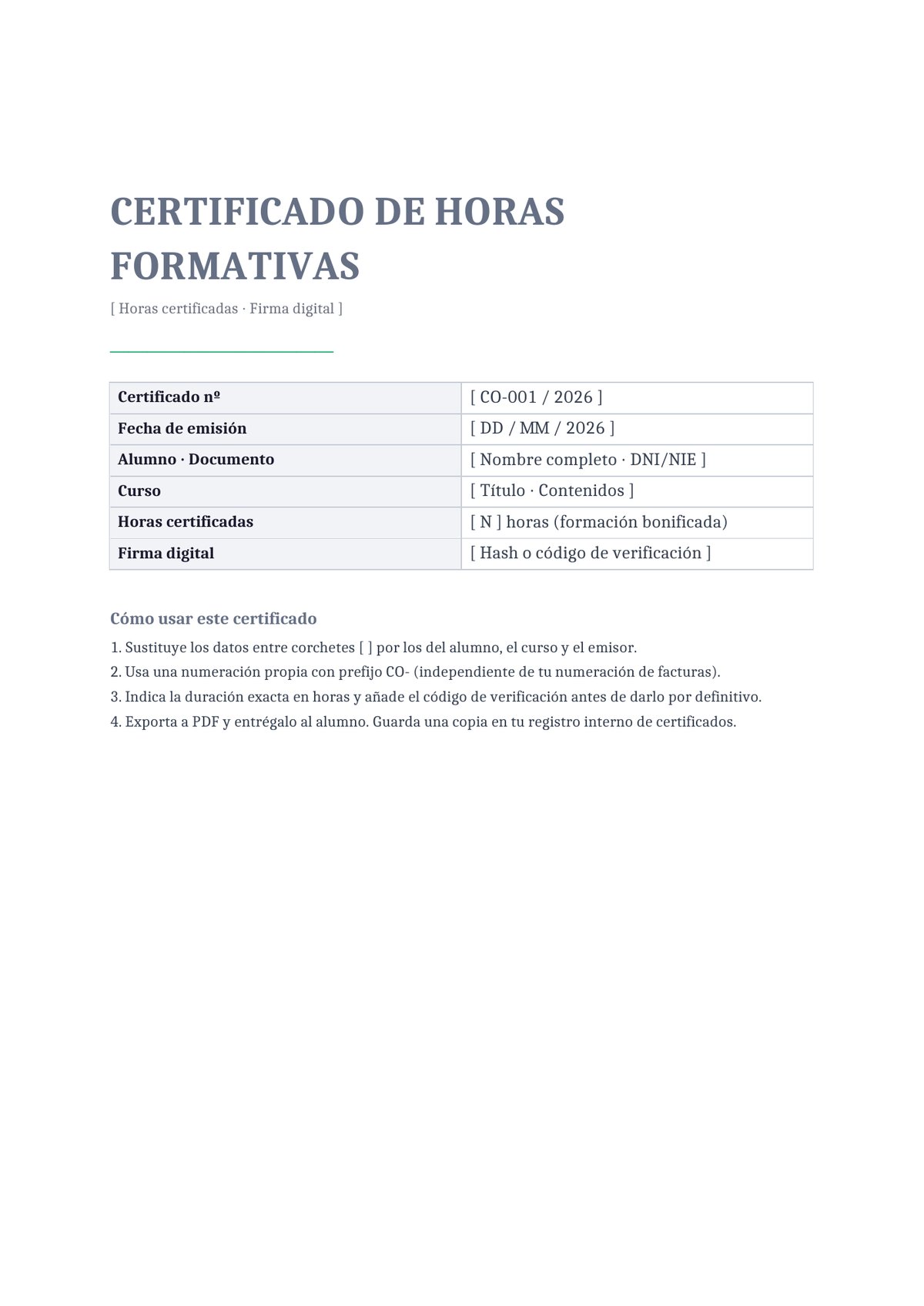 Plantilla Certificado de curso online con horas certificadas y firma digital