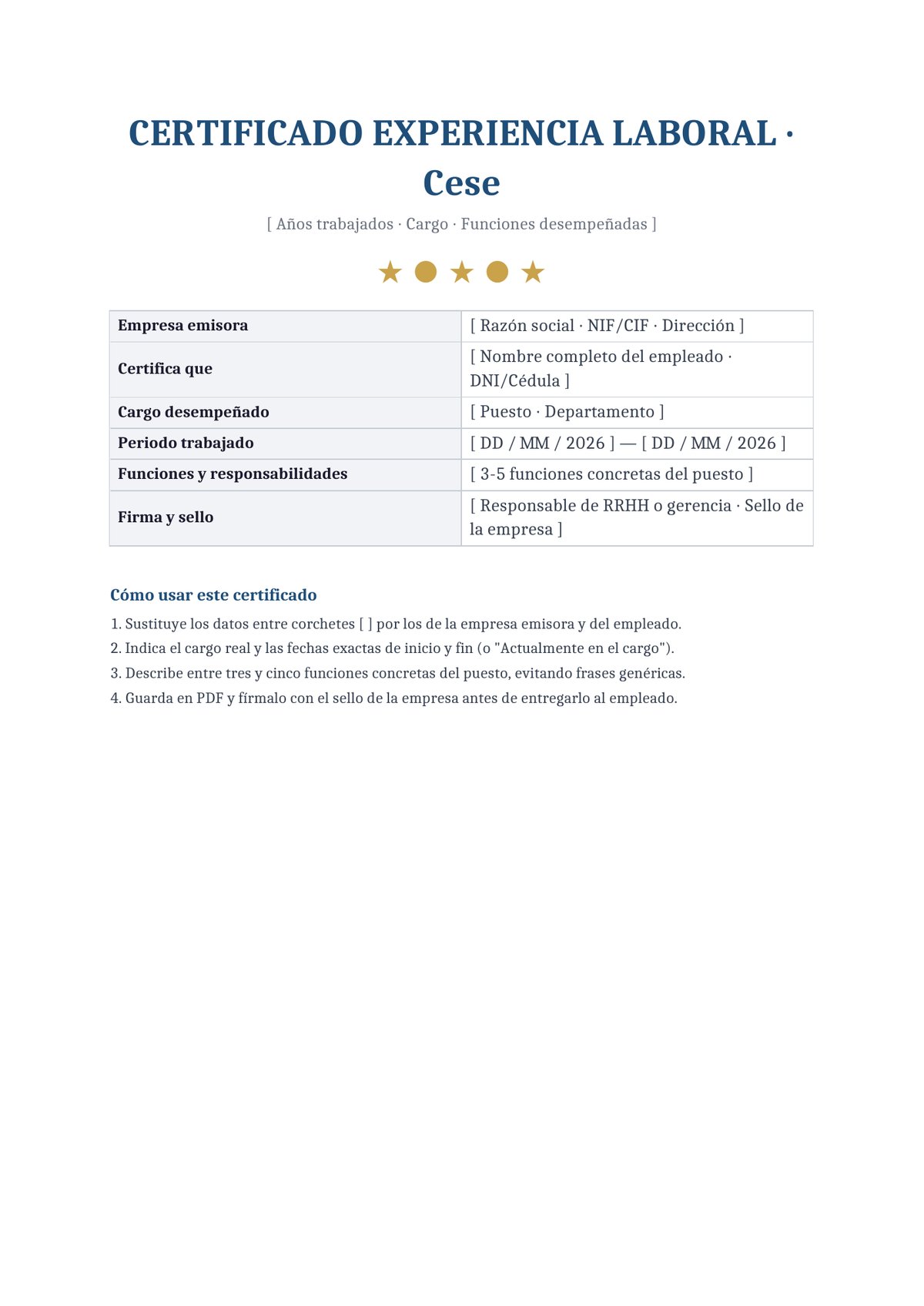 Plantilla Certificado de experiencia laboral por años en la empresa