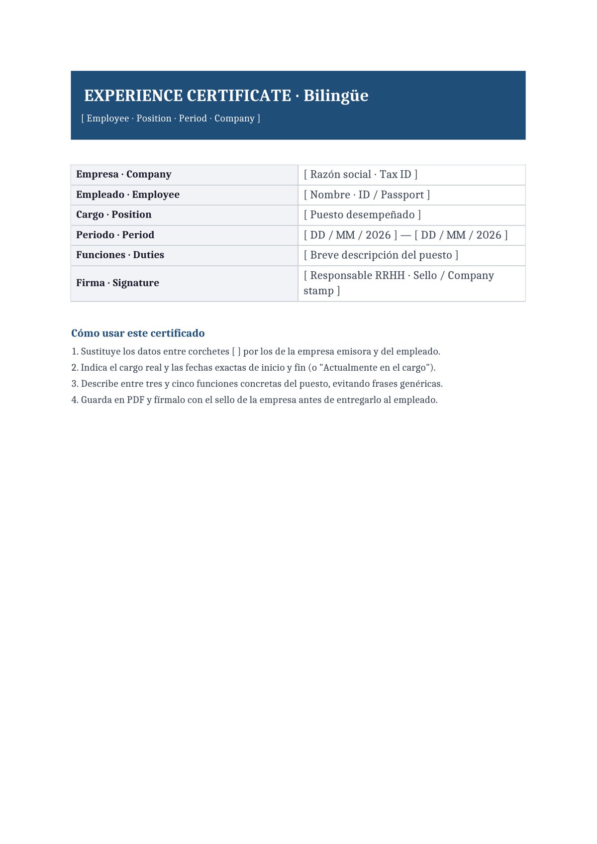 Plantilla Certificado de experiencia laboral bilingüe español e inglés
