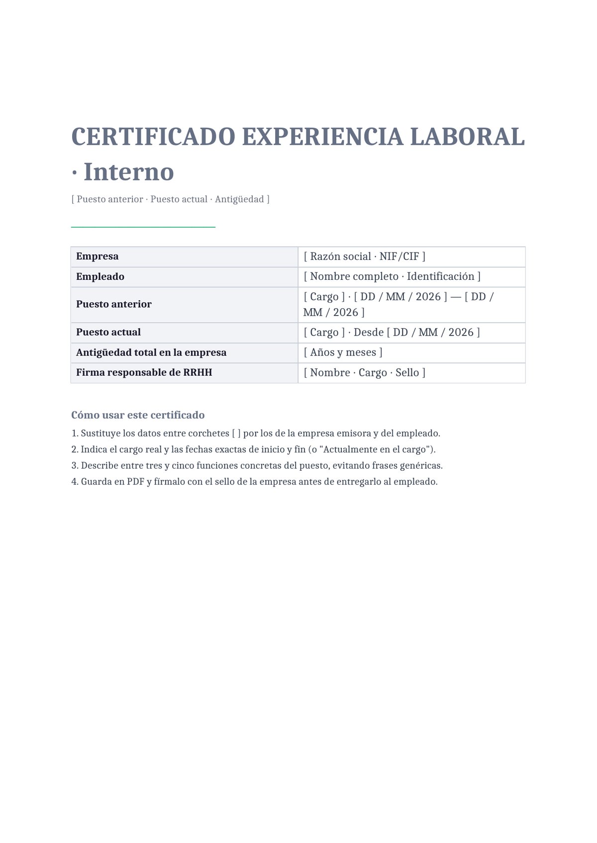 Plantilla Certificado de experiencia laboral por cambio de puesto interno