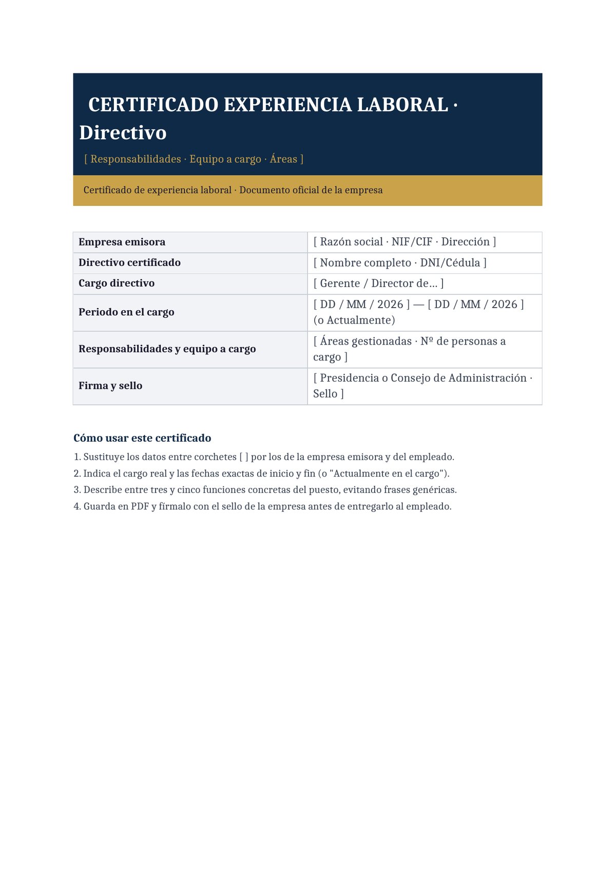 Plantilla Certificado de experiencia laboral para cargo directivo