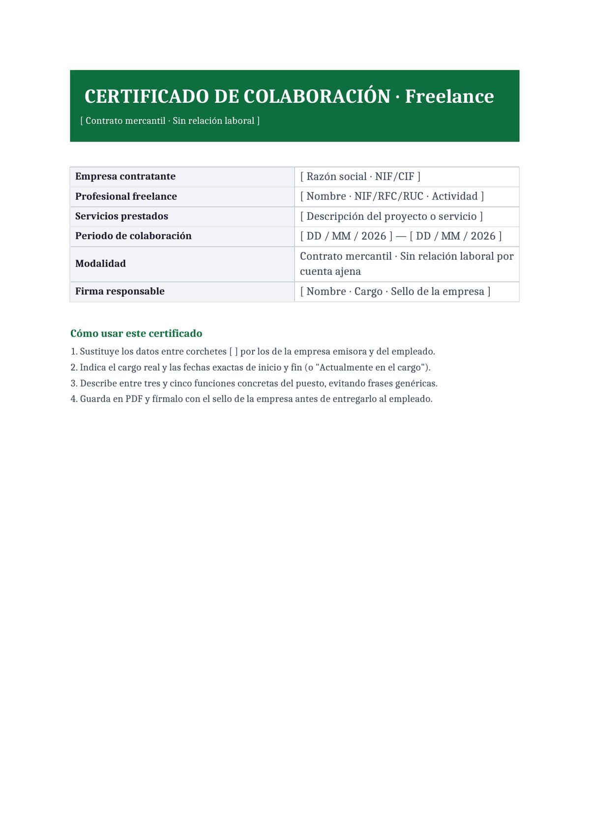 Plantilla Certificado de experiencia laboral para freelance