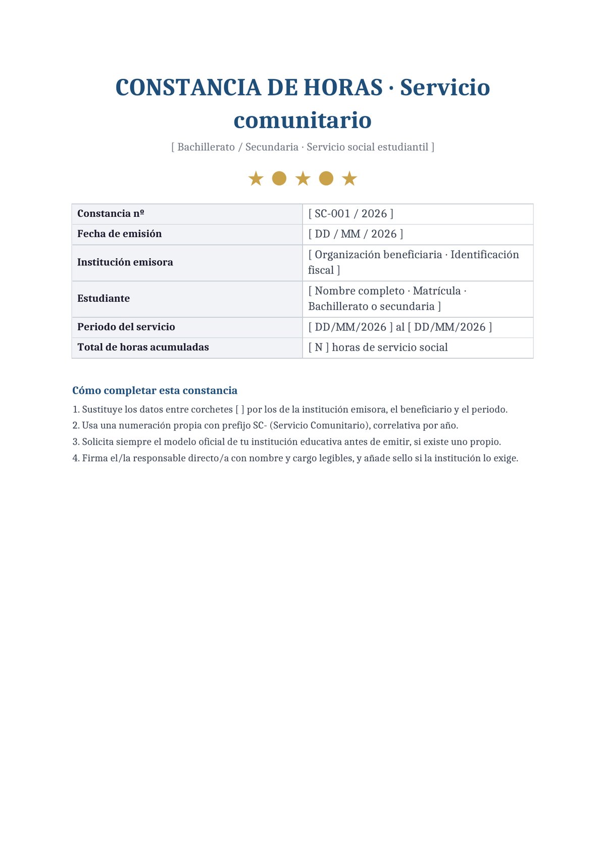 Plantilla Constancia de horas de servicio comunitario escolar