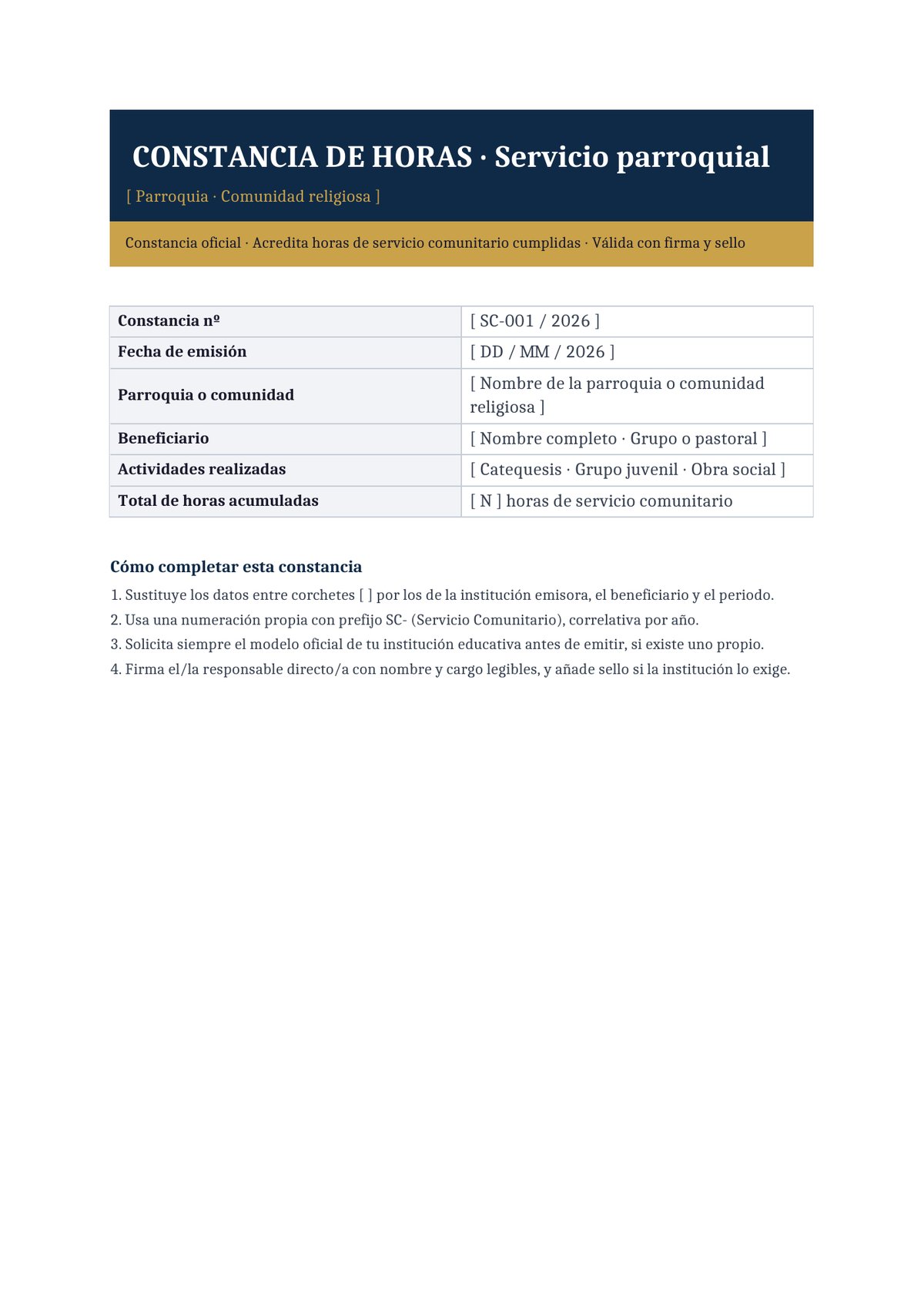Plantilla Constancia de horas de servicio comunitario religioso