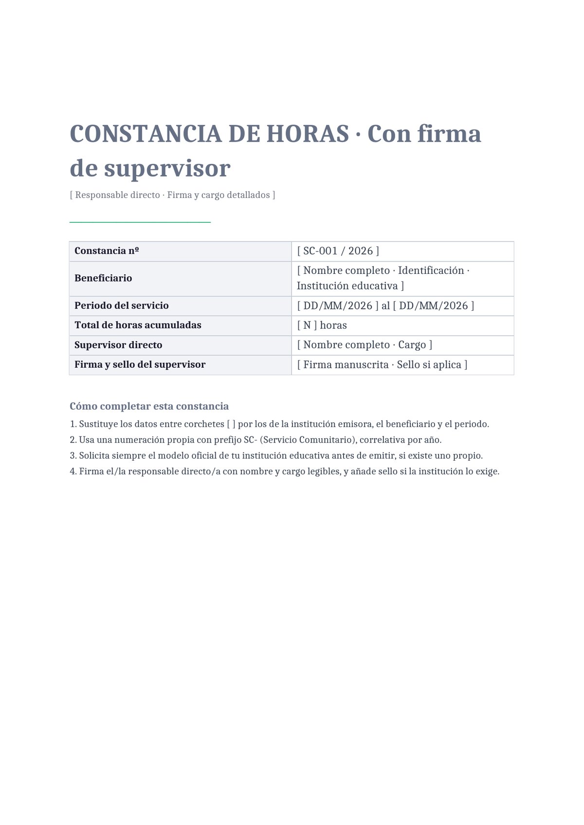 Plantilla Constancia de horas con firma de supervisor detallado
