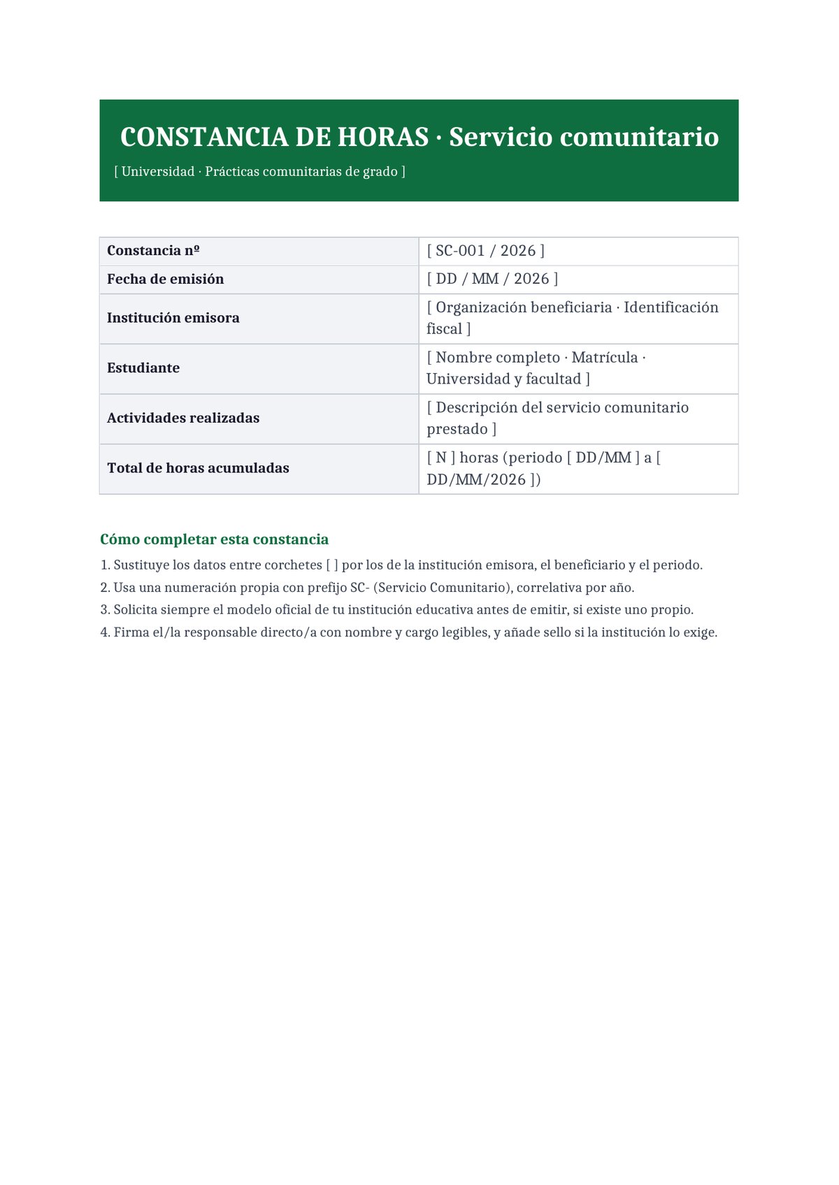 Plantilla Constancia de horas de servicio comunitario universitario