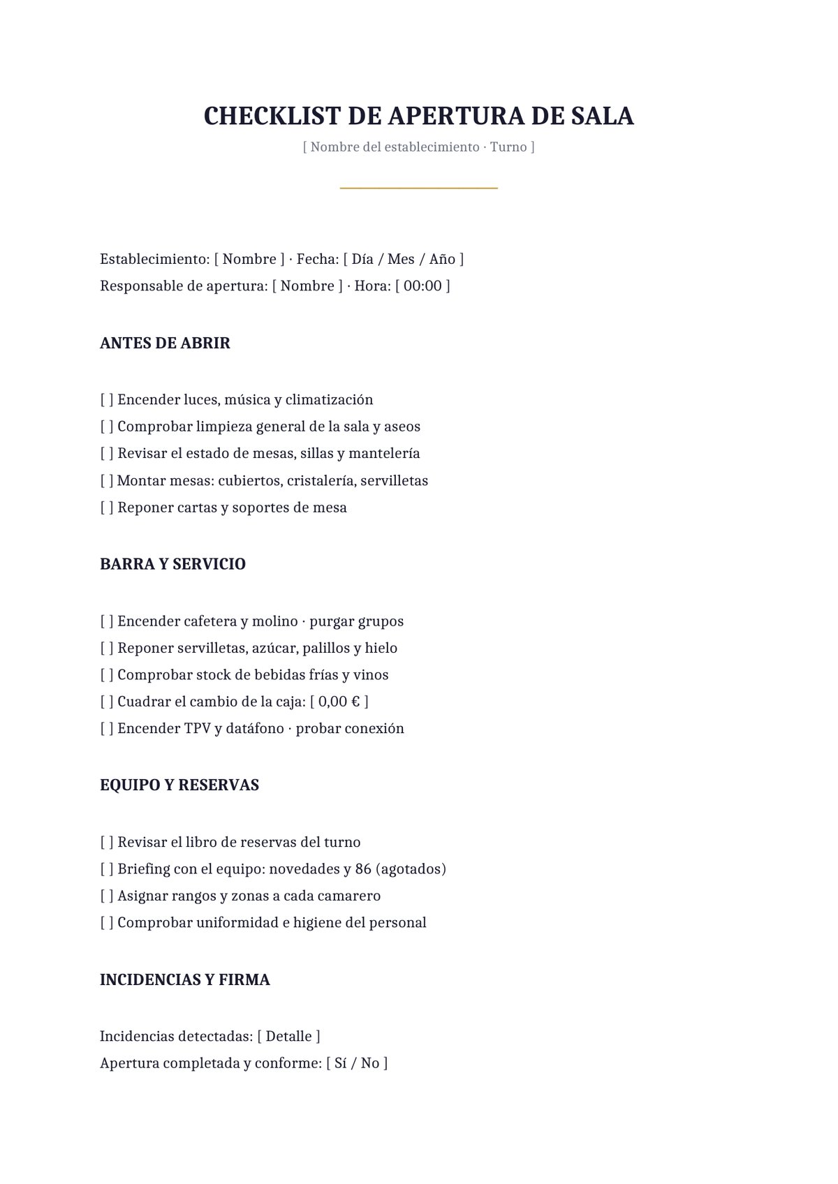 Plantilla Checklist de apertura de sala