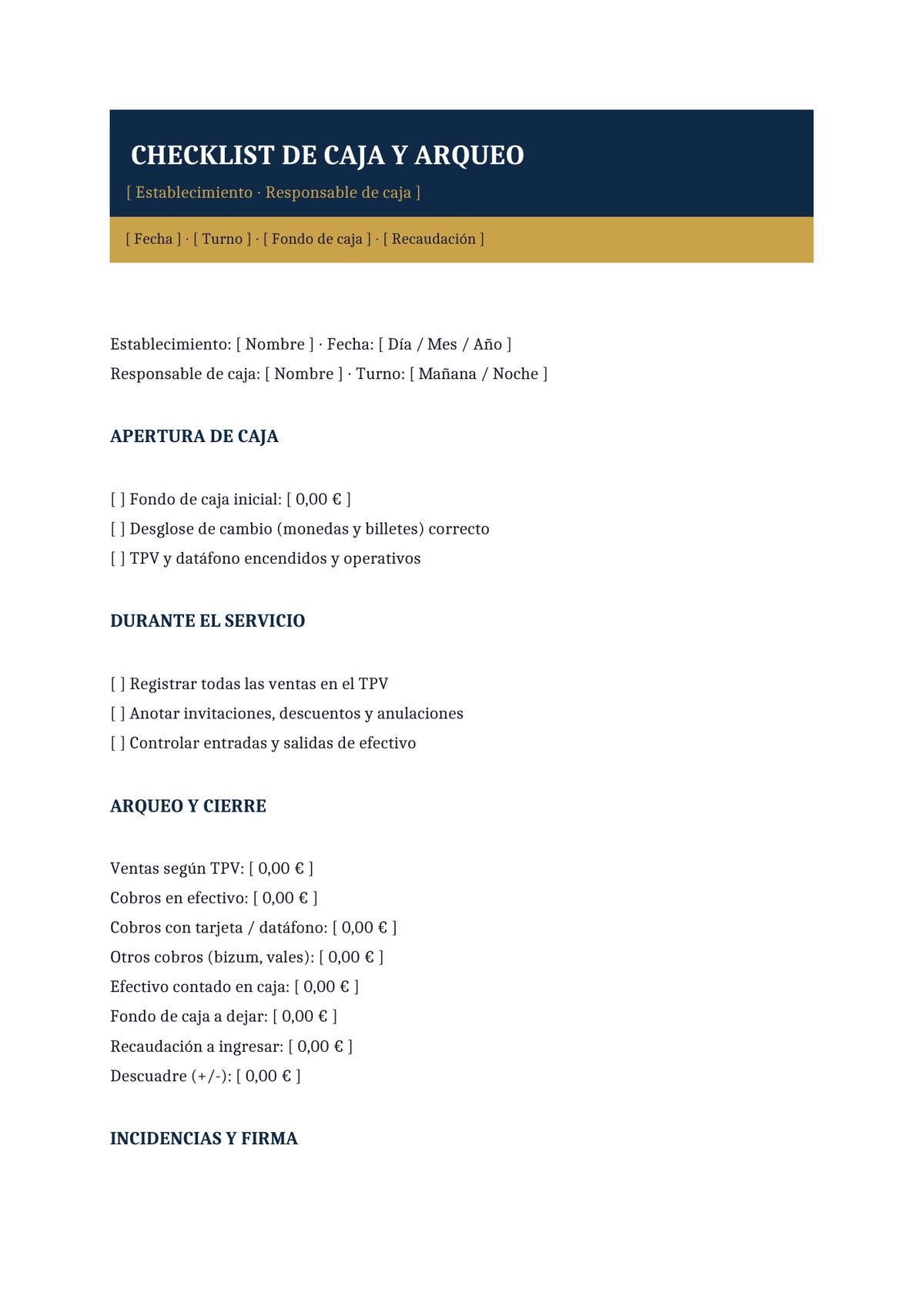 Plantilla Checklist de caja y arqueo