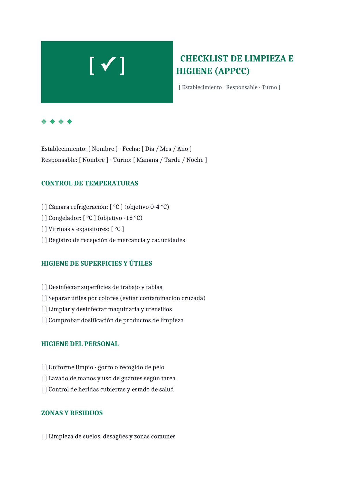 Plantilla Checklist de limpieza e higiene APPCC
