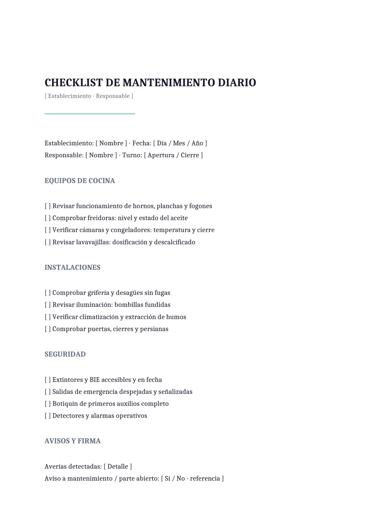 Plantilla Checklist de mantenimiento diario