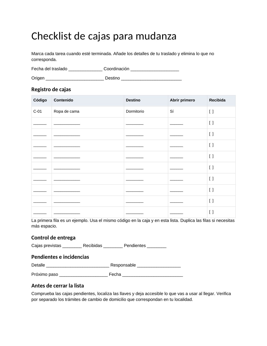 Checklist de cajas para mudanza: vista previa de la plantilla