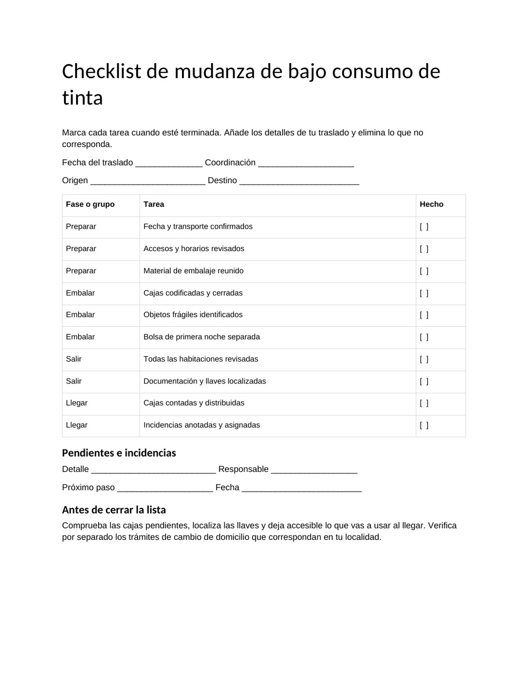 Checklist de mudanza de bajo consumo de tinta: vista previa de la plantilla