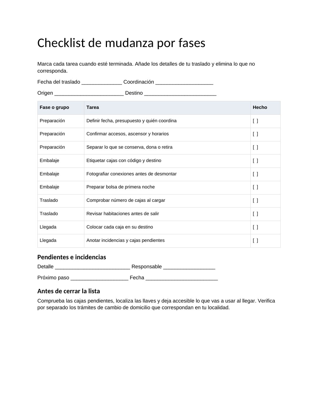 Checklist de mudanza por fases: vista previa de la plantilla