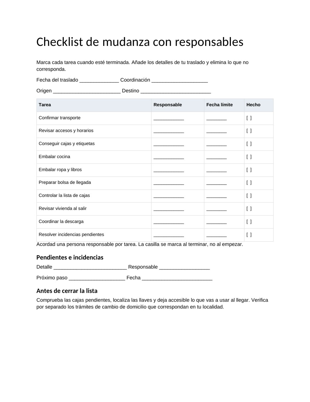 Checklist de mudanza con responsables: vista previa de la plantilla