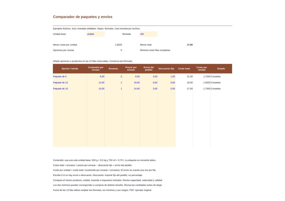 Comparador de paquetes y envíos: vista previa de la plantilla