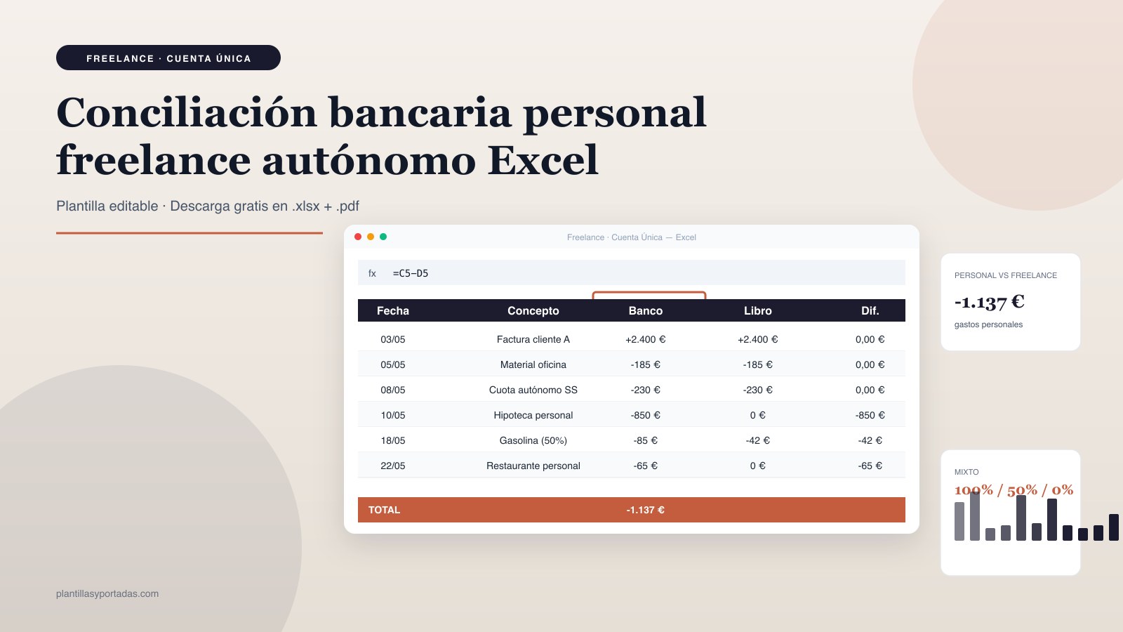 Plantilla Conciliación bancaria personal / freelance en Excel