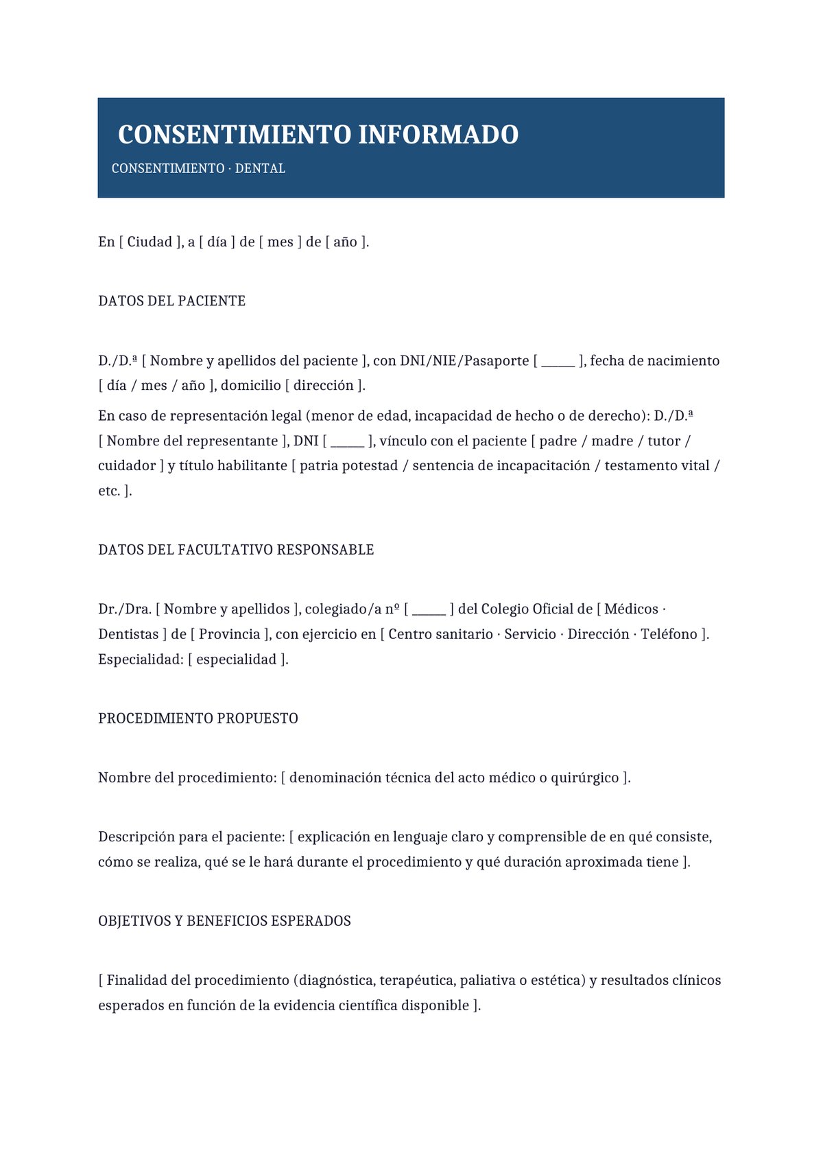 Plantilla Consentimiento informado de odontología