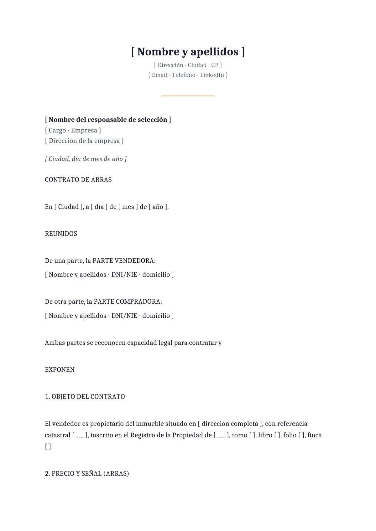 Plantilla Contrato de arras penitenciales