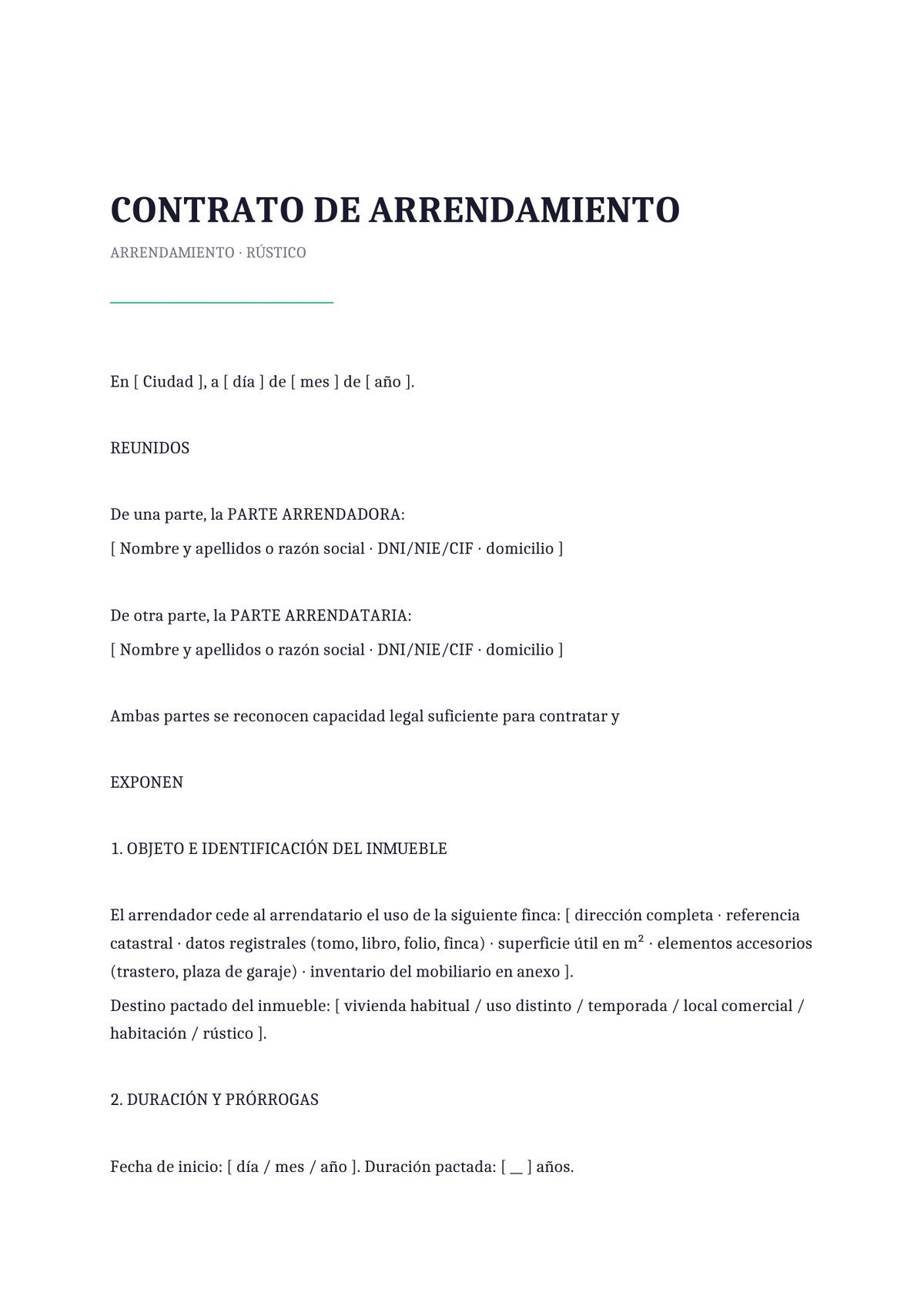 Plantilla Contrato de arrendamiento rústico