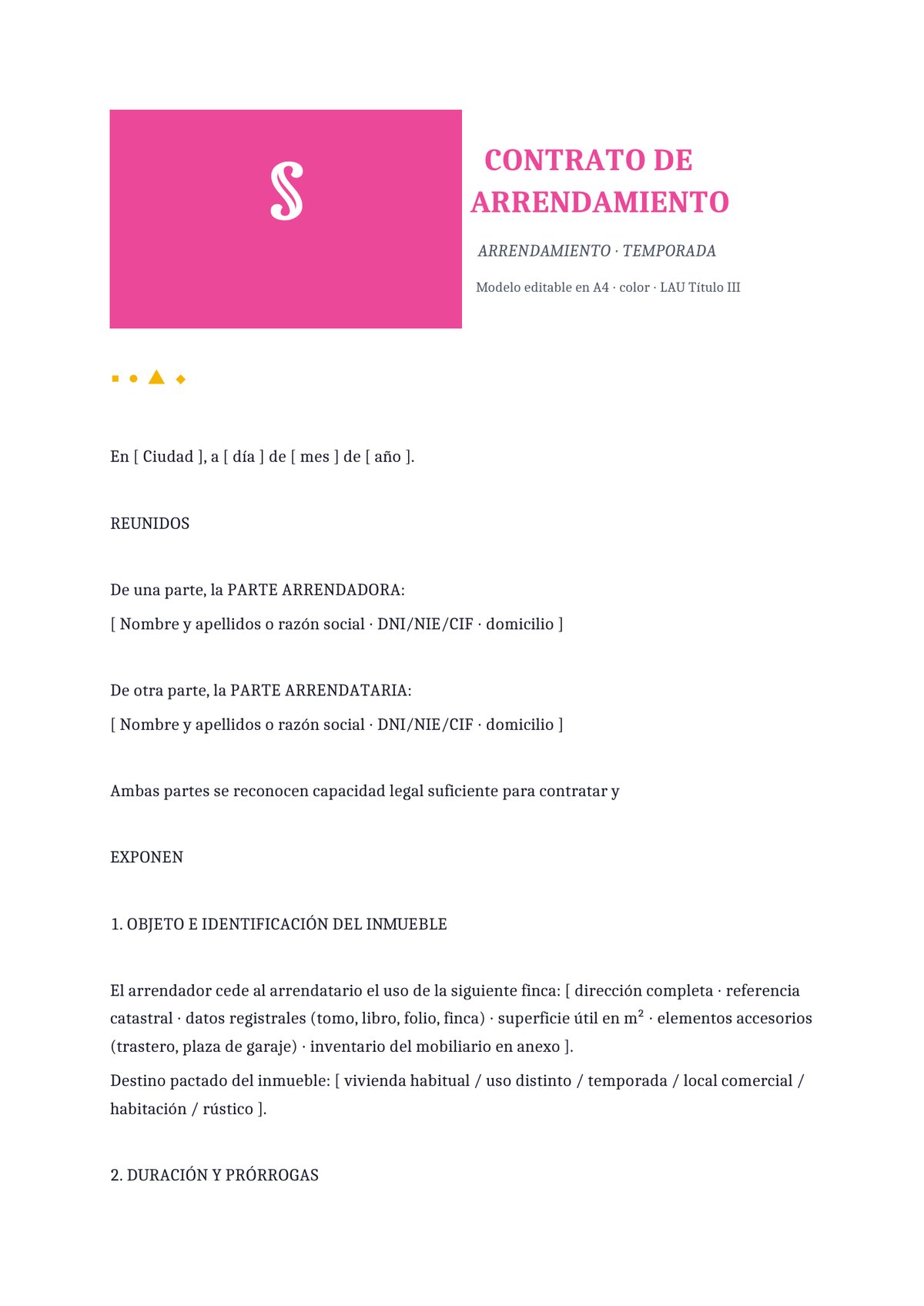 Plantilla Contrato de arrendamiento por temporada
