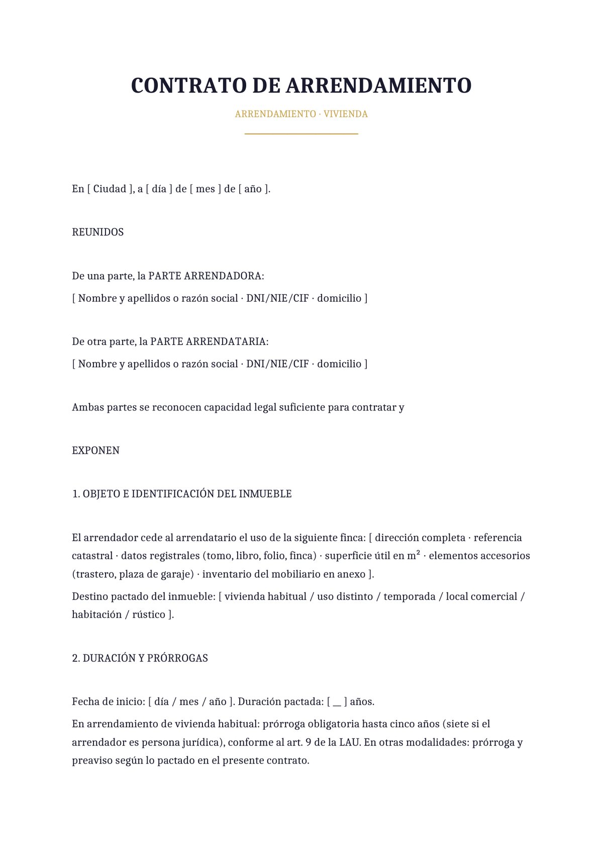 Plantilla Contrato de arrendamiento de vivienda habitual