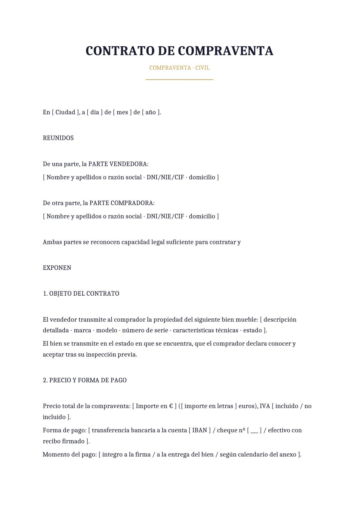 Plantilla Contrato de compraventa civil de bien mueble