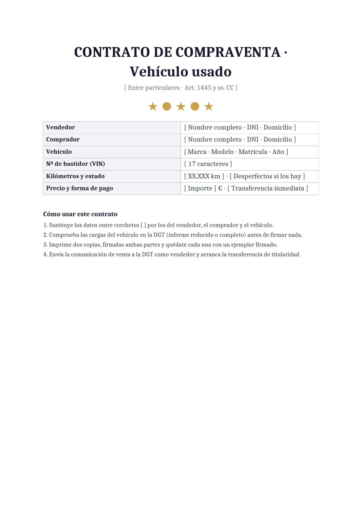 Plantilla Contrato de compraventa de coche entre particulares