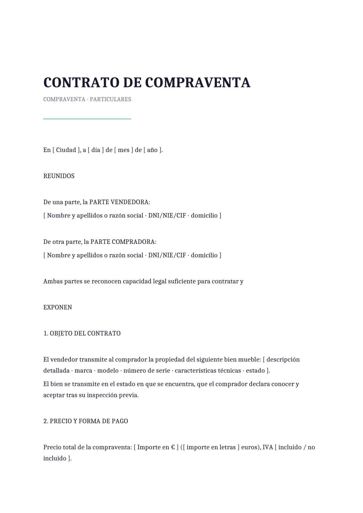 Plantilla Contrato de compraventa entre particulares
