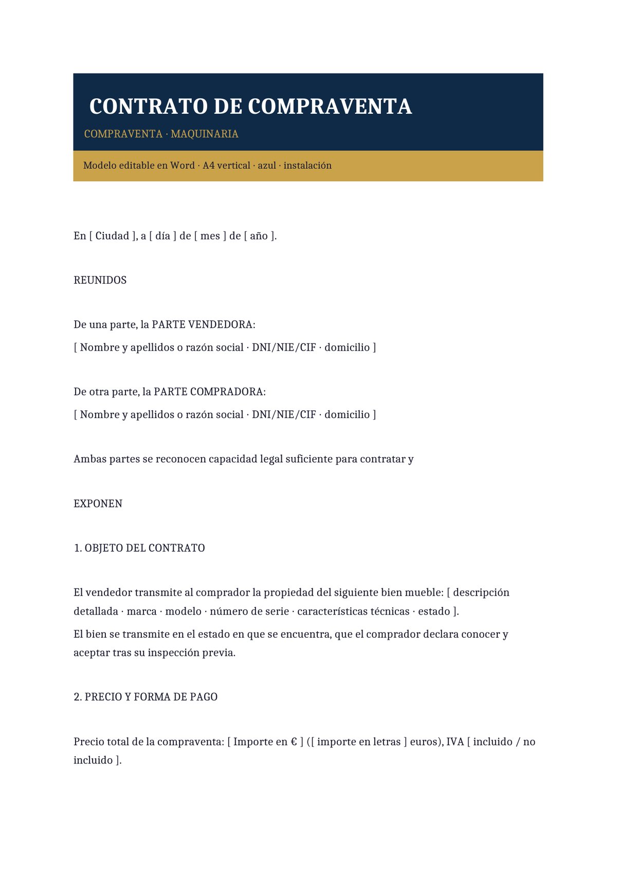 Plantilla Contrato de compraventa de maquinaria y equipos